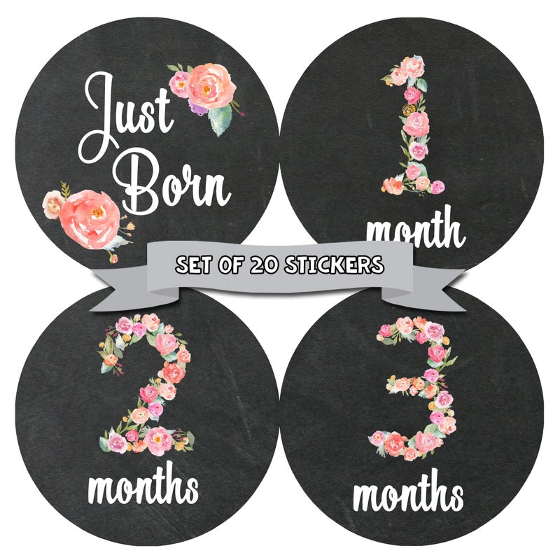 Months in Motion Baby Monthly Stickers - Baby Milestone Stickers - Newborn Girl Stickers - Month Stickers for Baby Girl - Baby Girl Stickers - Newborn Monthly Milestone Stickers - Set of 20 - Image 1